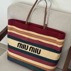 Buy Miu Miu Raffia Effect Woven Tote Bag In Burgundy And Beige Stripes