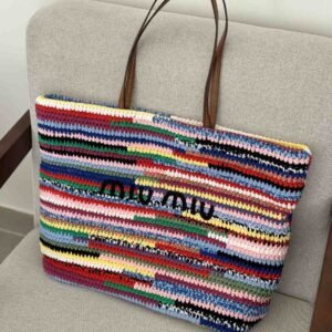 Buy Miu Miu Raffia Effect Woven Tote Bag In Multicolour Stripes