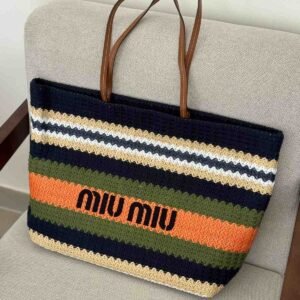 Buy Miu Miu Raffia Effect Woven Tote Bag In Navy, Olive, And Orange Stripes