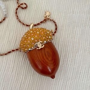 Chanel Brown Wood Acorn Minaudiere Gold Tone Metal Crystal Evening Bag