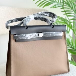 Hermes Herbag 31 Black Leather And Etoupe Canvas Handbag